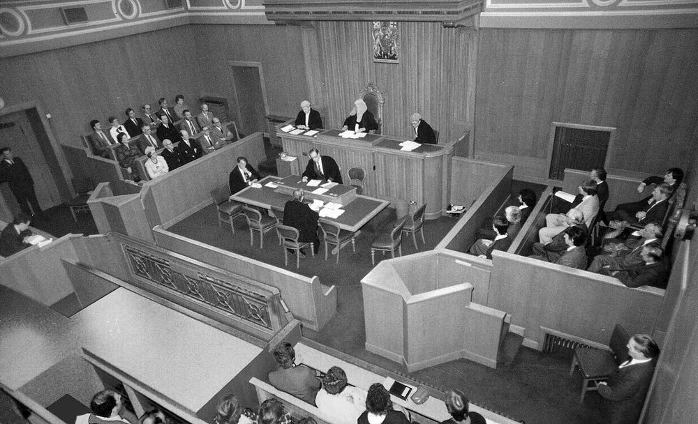 A courtroom bench